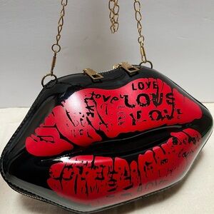 Black Red "Love" Lip Shaped 3D Convertible Clutch Valentines Shoulder HandBag